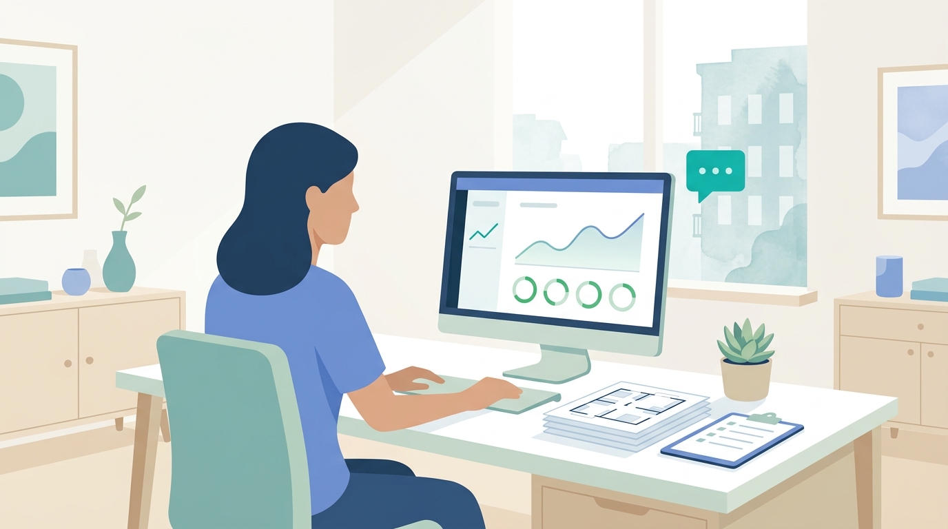 Property manager reviewing leasing bot analytics dashboard showing conversation metrics and tour bookings
