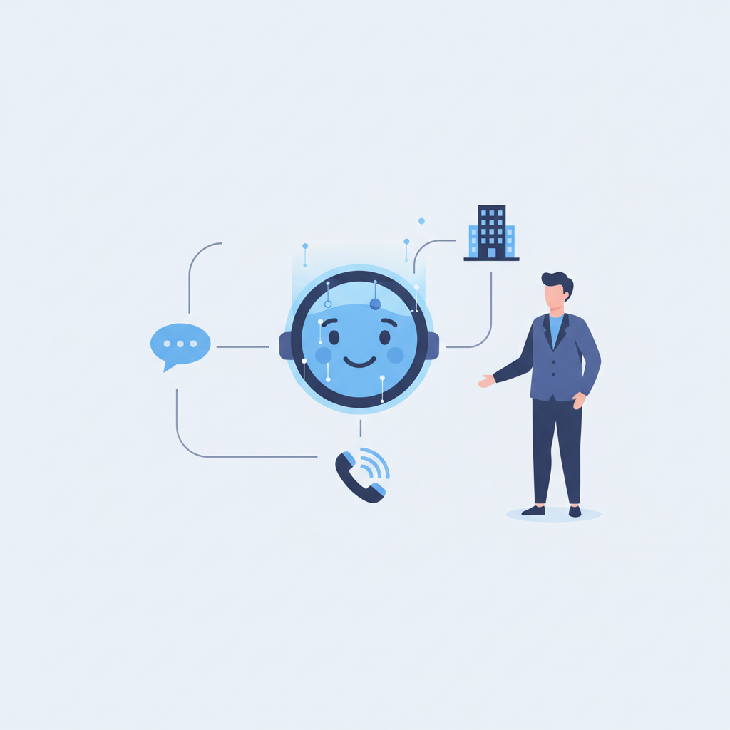 Illustration of an AI leasing agent answering rental inquiries and booking showings across text, chat, and phone