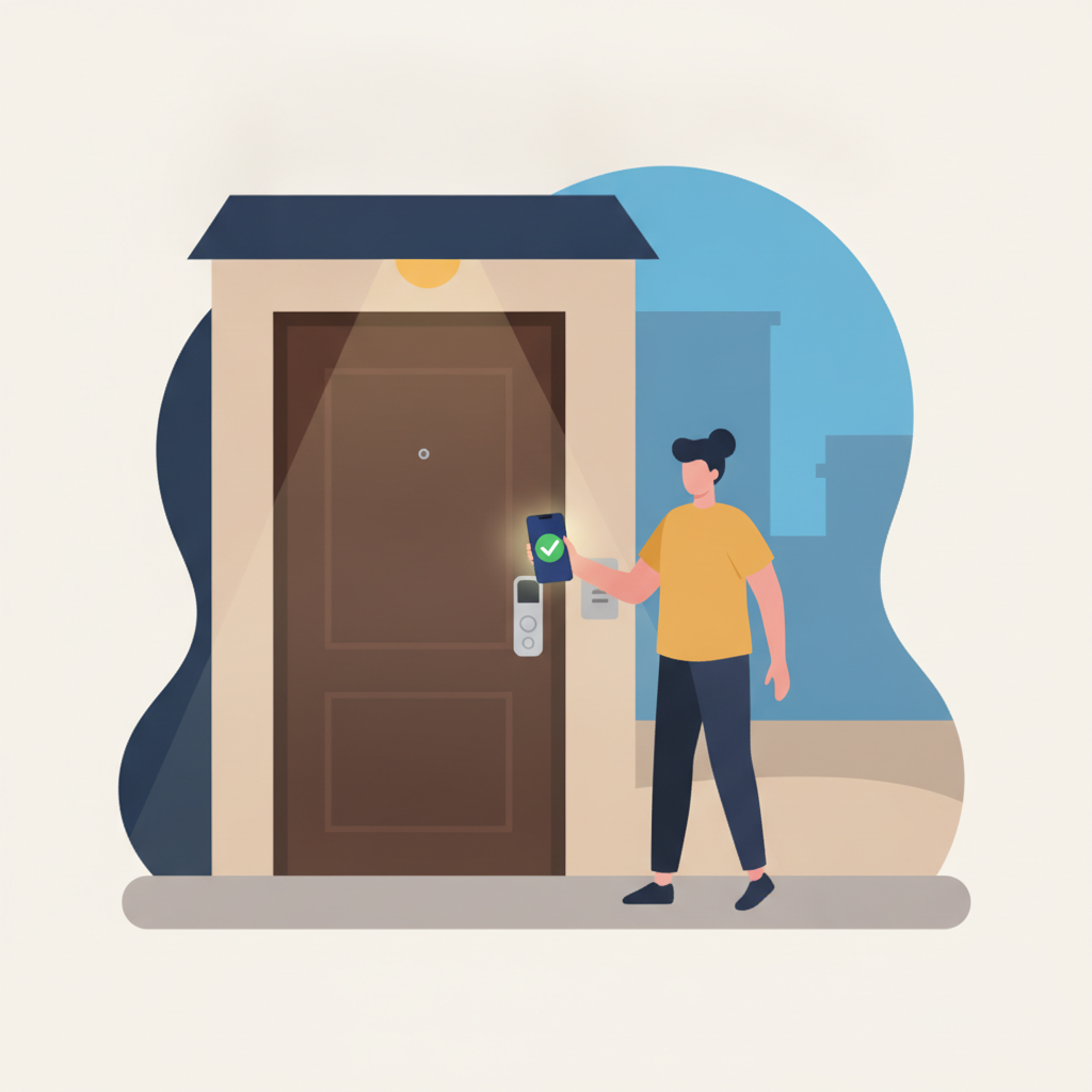 A renter unlocking the door of a vacant apartment at dusk using a phone, with a small keypad lock visible on the door.