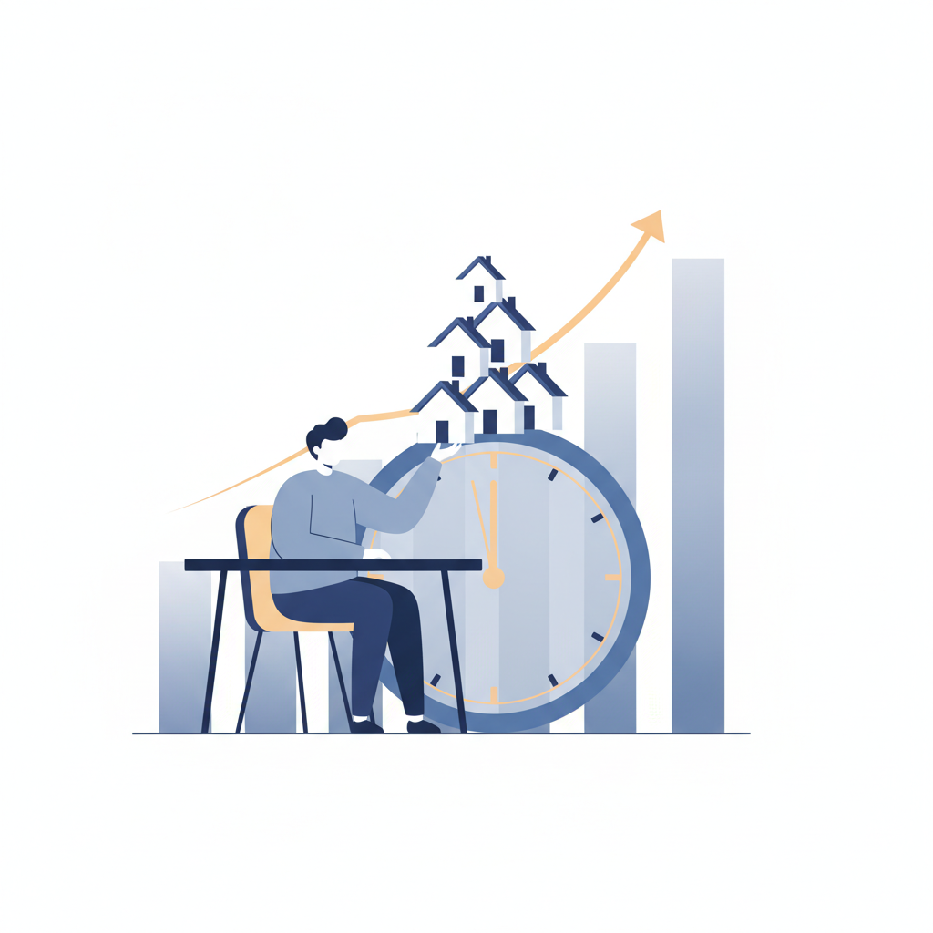 A single property manager at a desk with a small stack of house-shaped icons on one side and a clock showing limited hours on the other