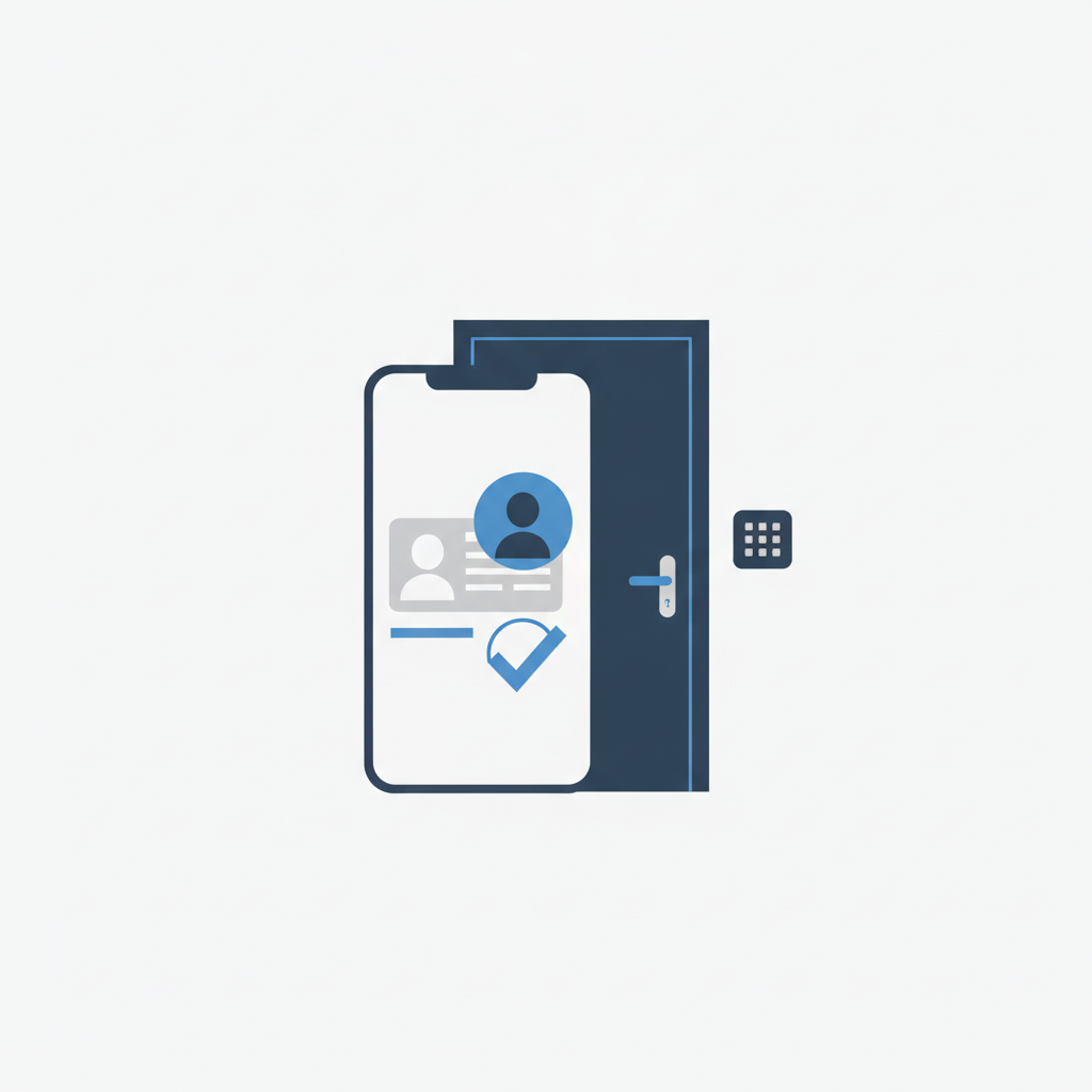 A prospect's phone screen showing a government ID being scanned next to a live selfie match, with a small padlock icon over a front door in