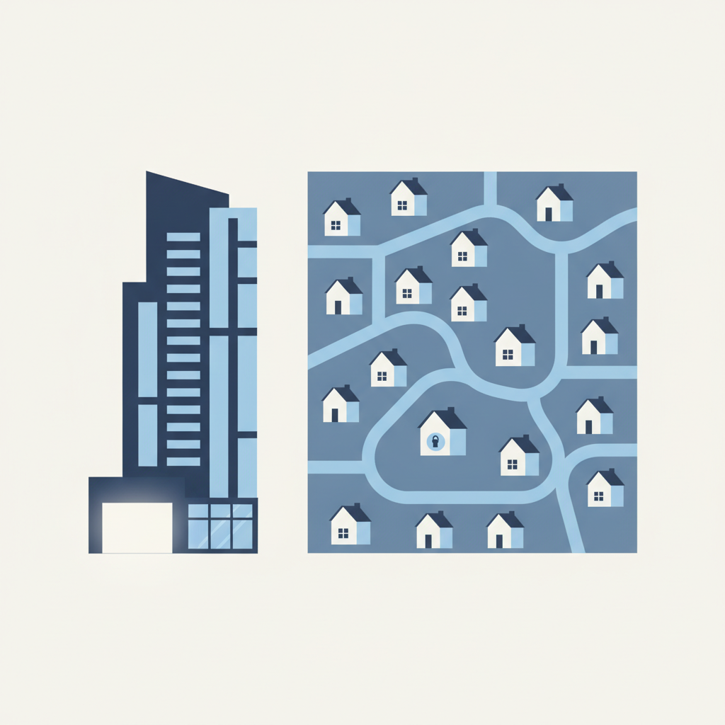 A single large apartment tower contrasted with many small scattered houses spread across a neighborhood map.