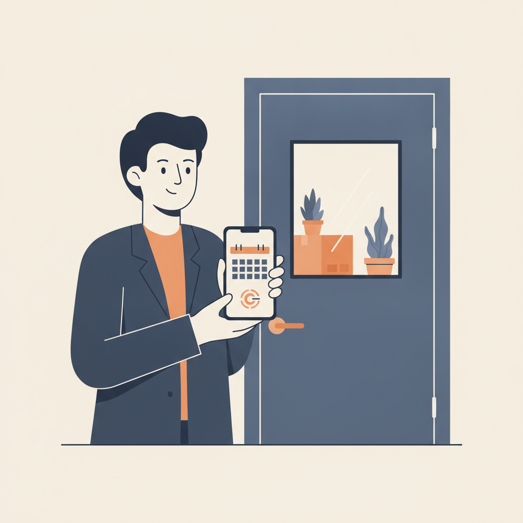 A property manager reviewing a calendar and a door access code side by side, with a small moving-boxes icon suggesting an occupied unit