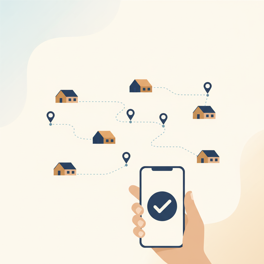 A property manager's car parked outside one of several single-family rental homes spread across a suburban map, with a phone showing a