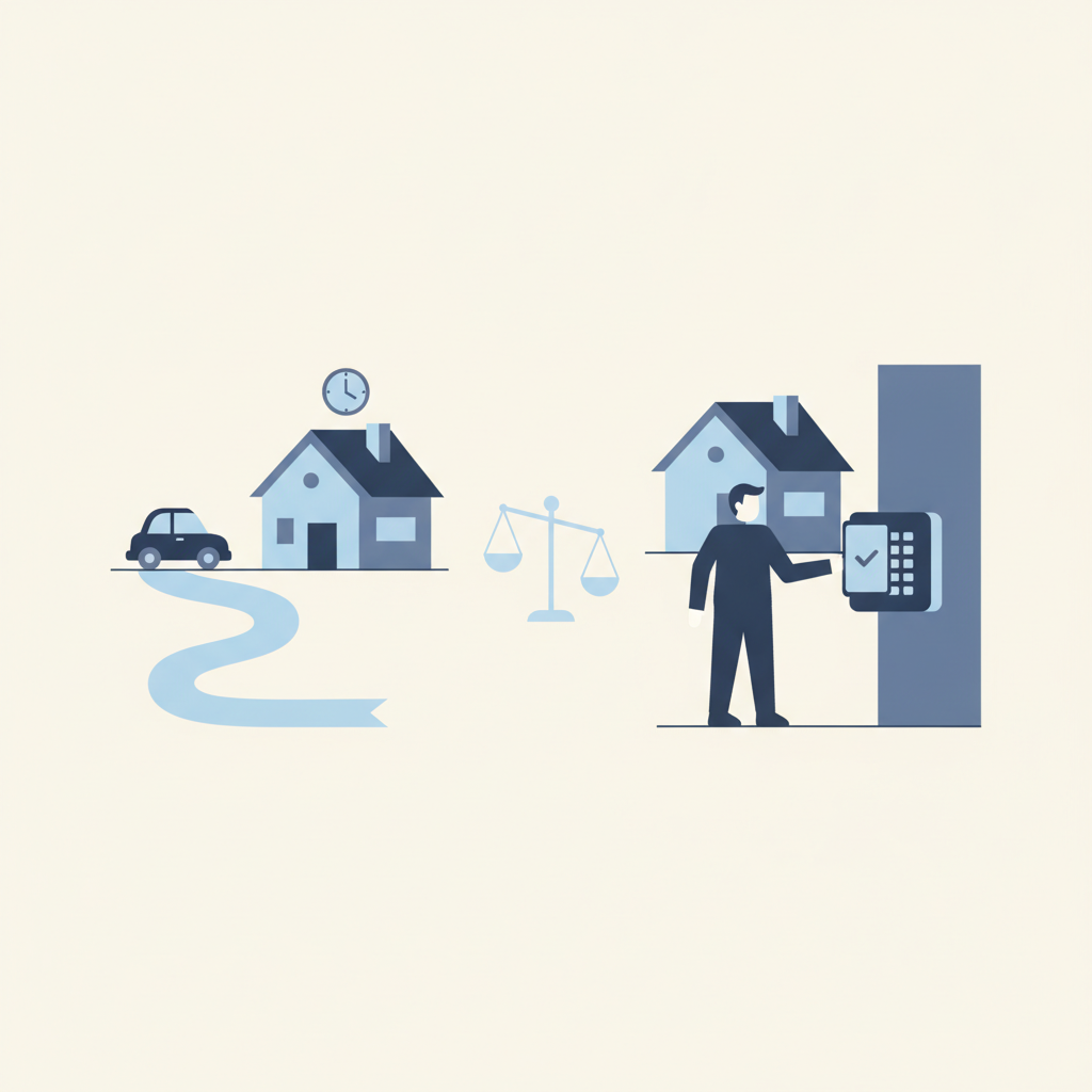 A leasing agent's car driving toward a rental house on one side while a prospect opens a lockbox by themselves on the other, with a cost