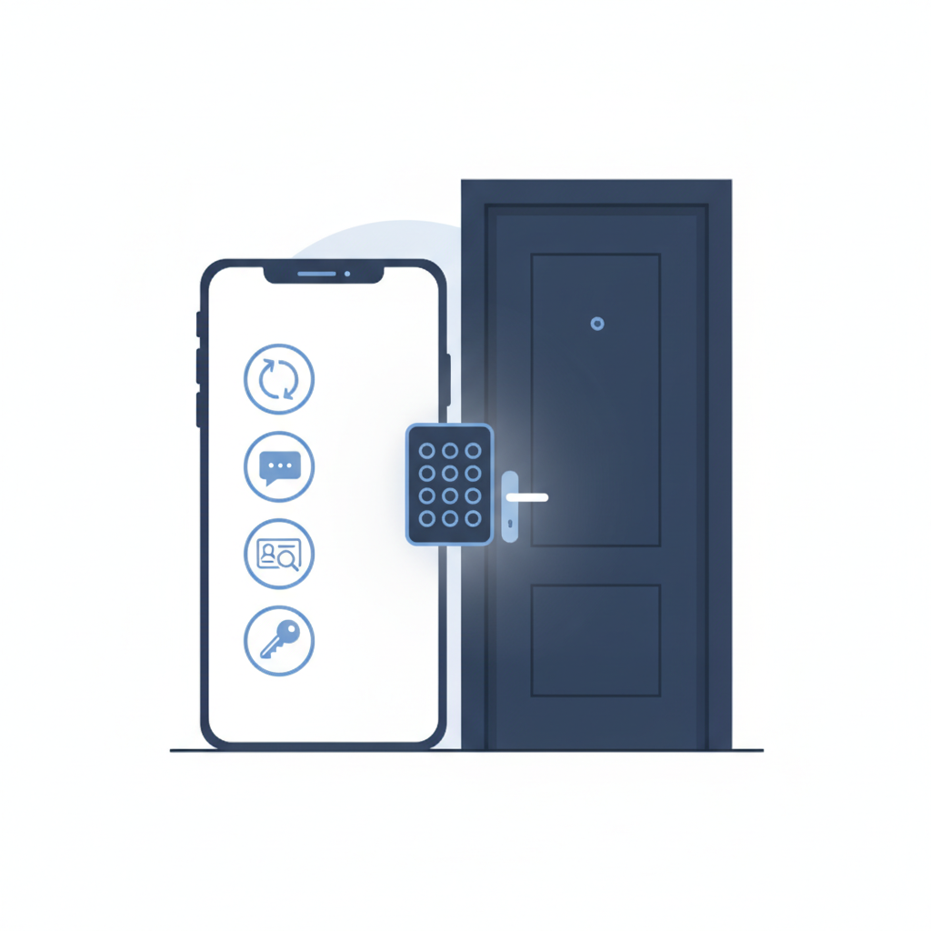 A property manager's phone screen showing a self-showing booking flow next to a front door with a keypad lockbox, with a small ID-check