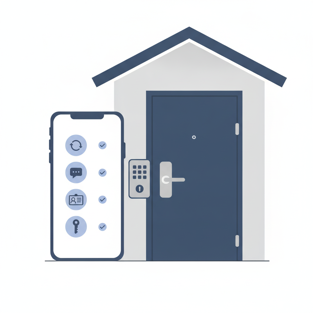 A property manager's phone screen showing a self-showing booking flow next to a front door with a keypad lockbox, with a small ID-check