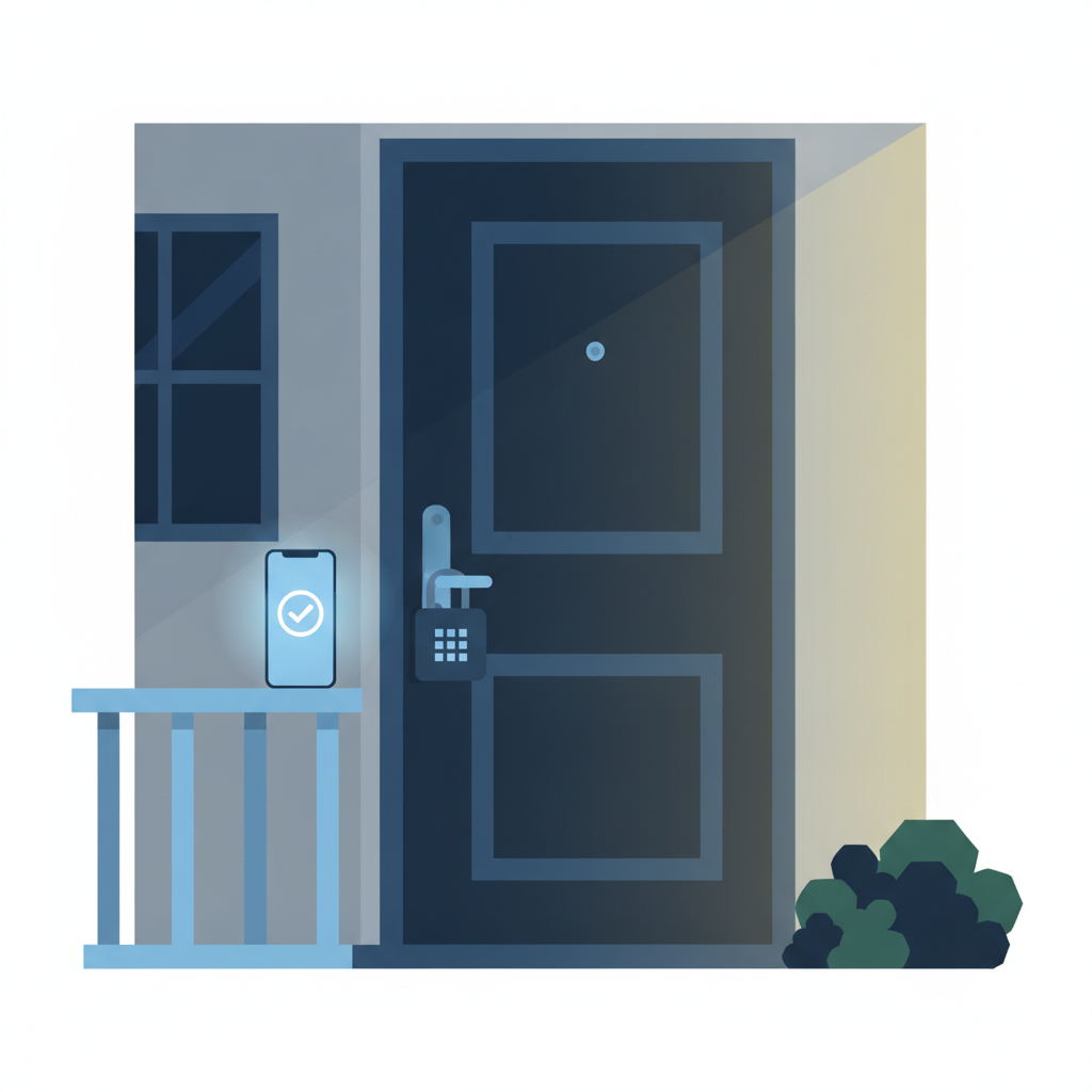 A simple mechanical lockbox with a combination dial hanging on the door handle of a single-family rental home.