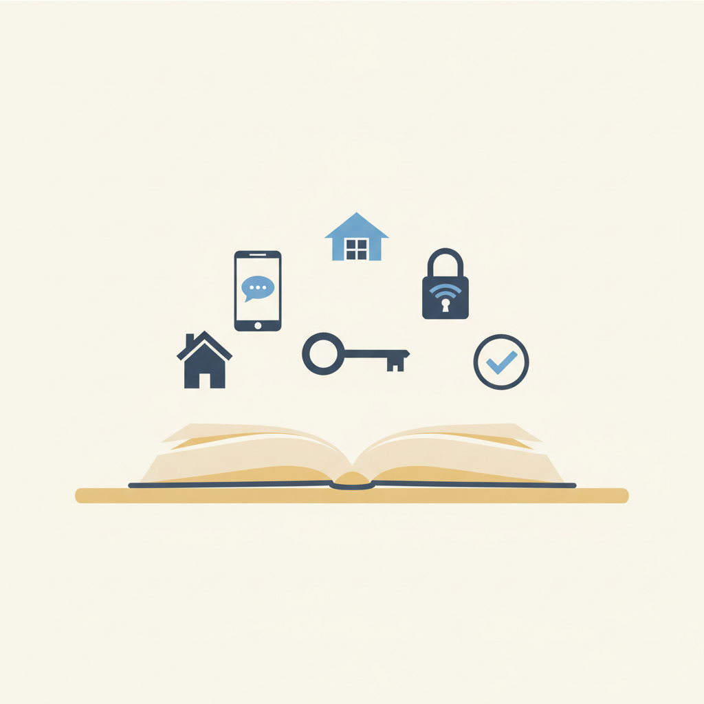 An open dictionary-style book with leasing icons — a house, a phone, a key, and a checkmark — rising from its pages.