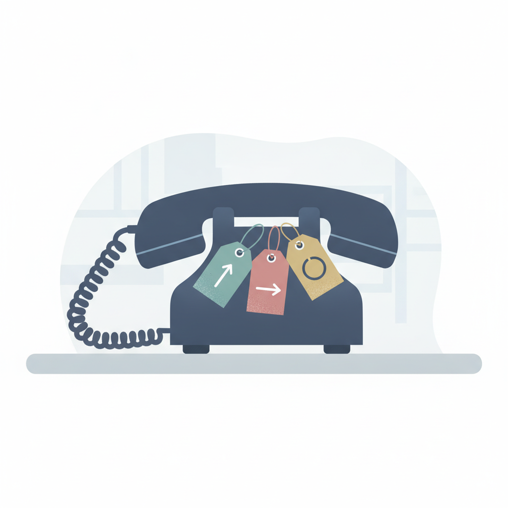 A rotary-style office phone on a leasing desk with three separate colored tags tied to its cord, each labeled with a different icon for