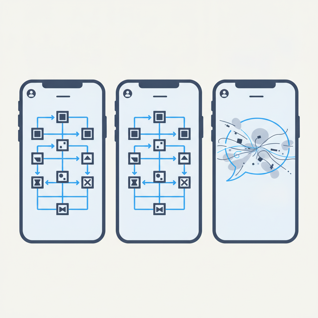 Three identical phone-menu tiles side by side, the first two showing a rigid branching arrow diagram and the third dissolving into a single