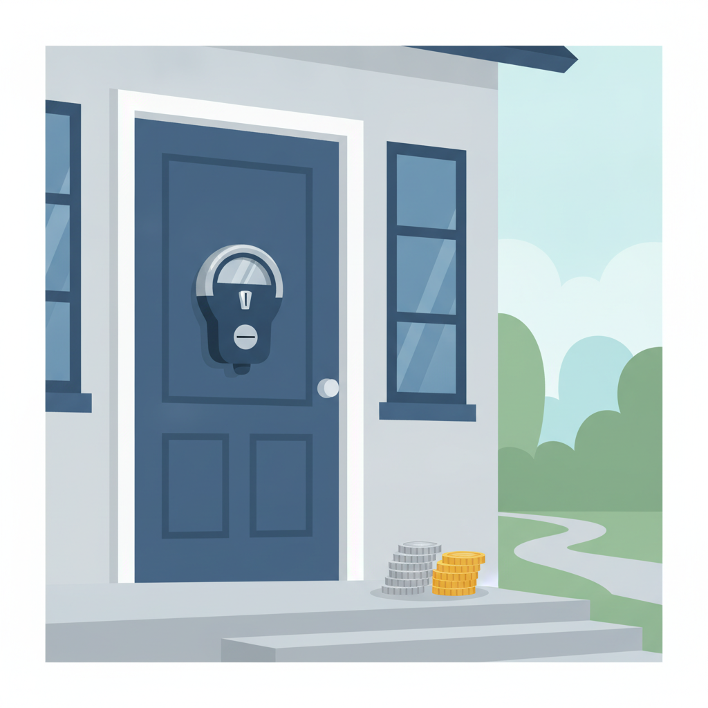 A parking-meter-style coin slot bolted onto a front door where the doorknob should be, with a small stack of coins sitting on the porch