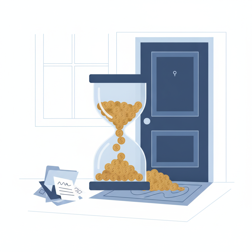 An hourglass on a rental unit's front doorstep, its falling sand made of tiny coins piling up at the base.