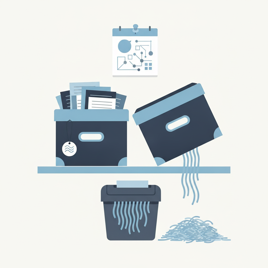 Two labelled boxes on a shelf: one holding stapled application forms with a two-year date tag, the other feeding shredded paper into a bin.