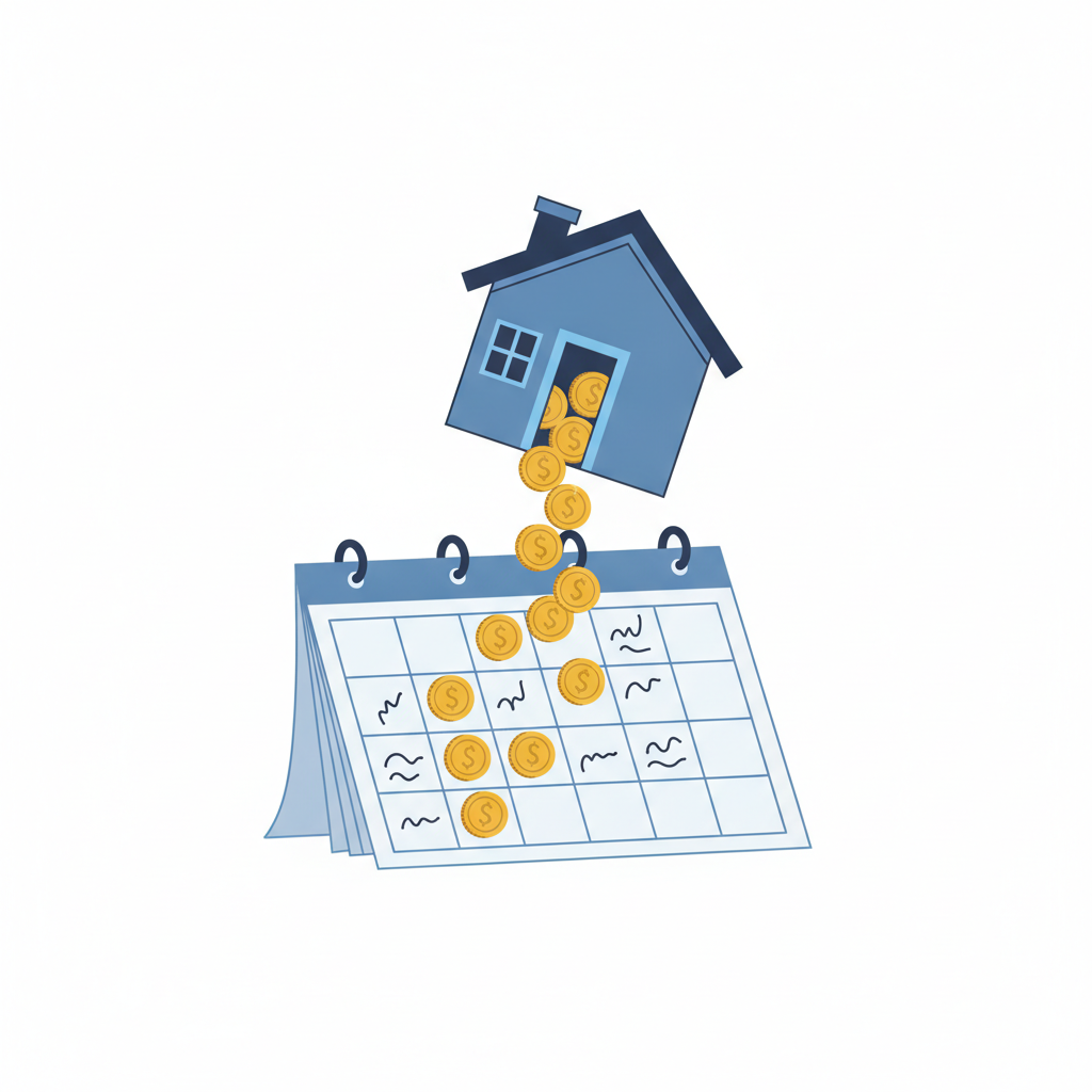 A single-family house tipped like a piggy bank, spilling coins onto a calendar page below it, one coin landing on each vacant day.