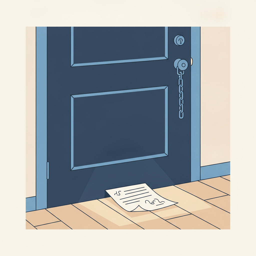 A printed notice of entry taped to the inside of an apartment door beside a clock, with a phone showing an unsent text message on the hall