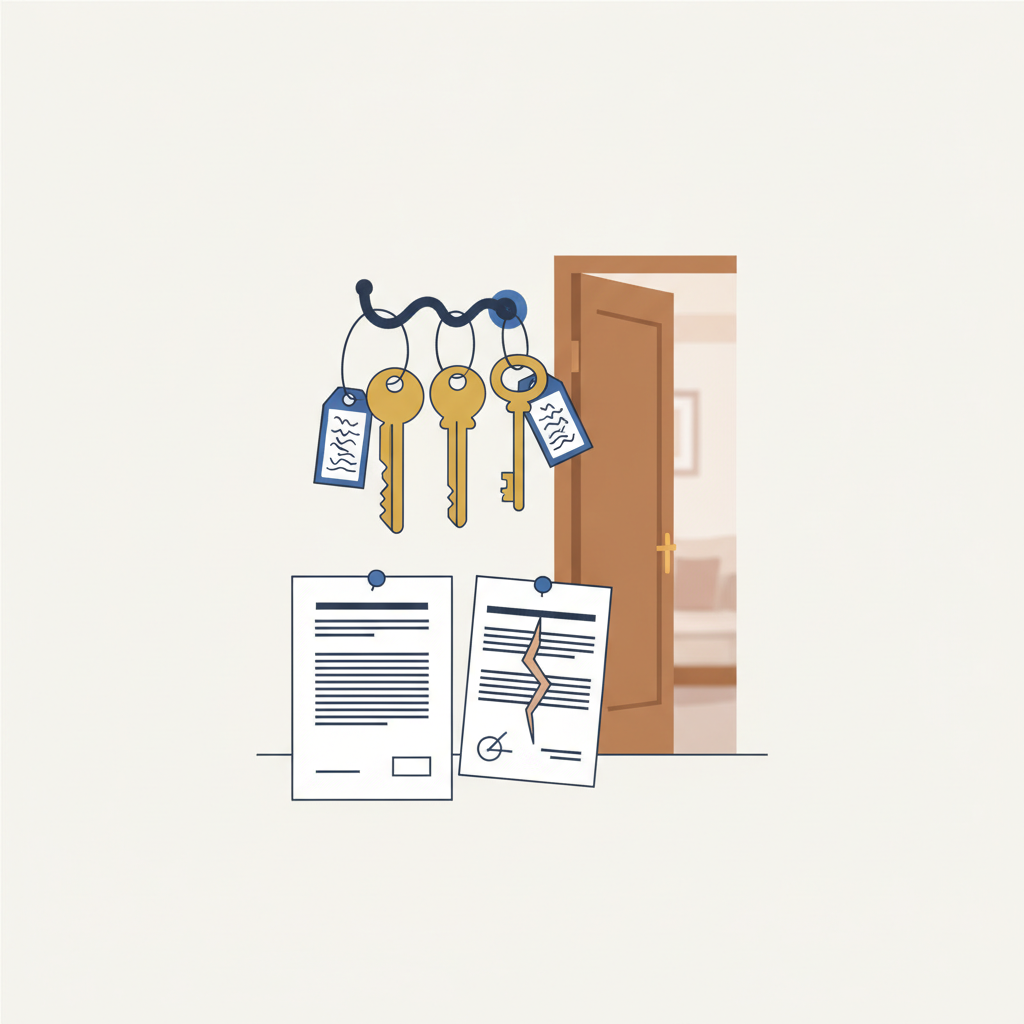 Four keys on a ring, each tagged with a different state or province, hanging beside an employment contract and a torn per-showing invoice.