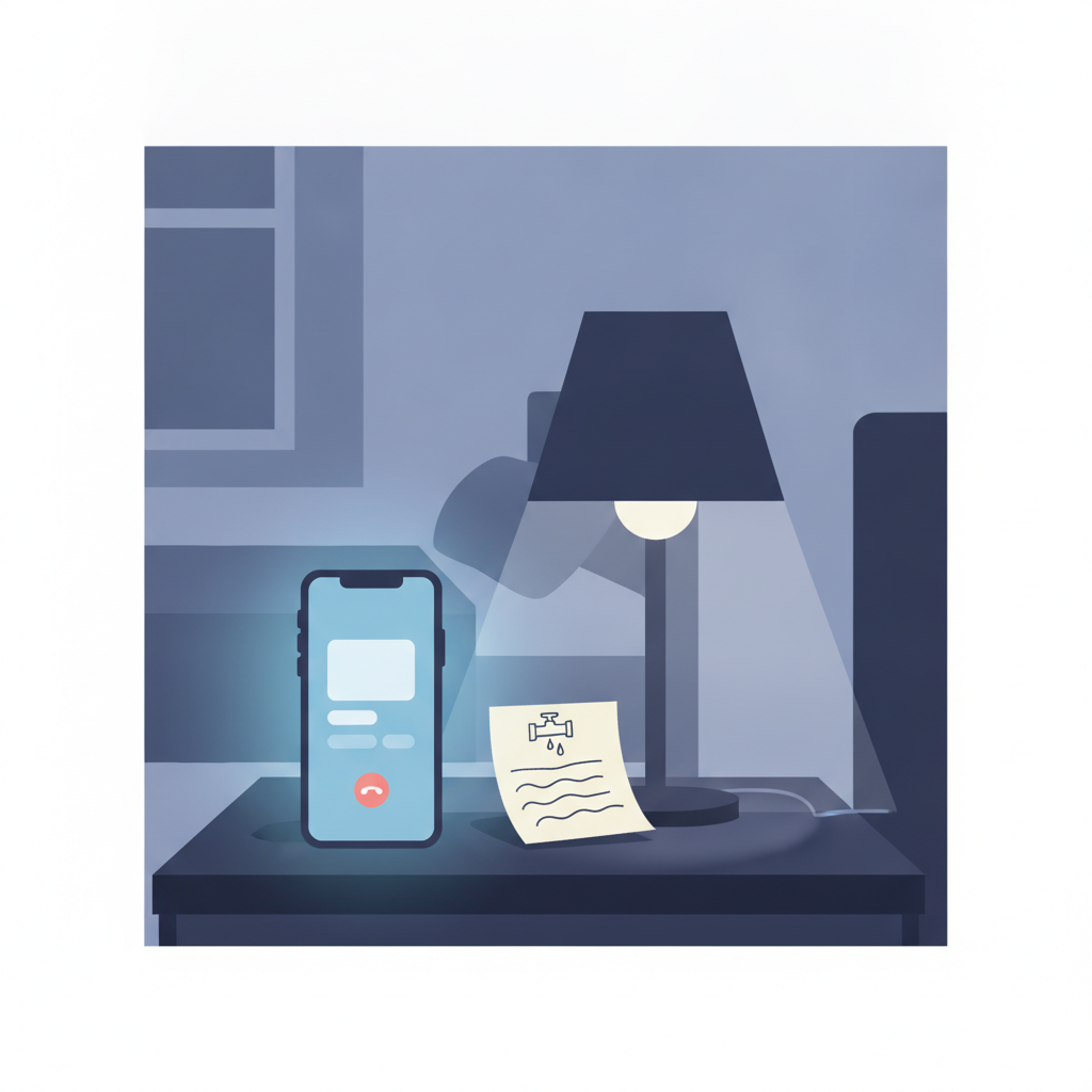 A phone screen glowing on a nightstand at 2 a.m. showing a missed-call notification, with a small red pipe-leak icon on a sticky note