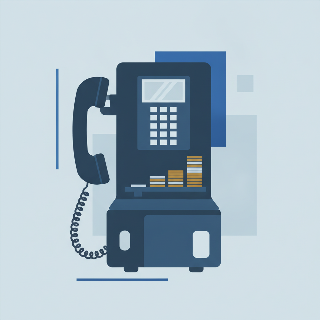 A coin-operated pay phone with a meter on top ticking upward in dollars, standing next to an old wall calendar with one page torn halfway