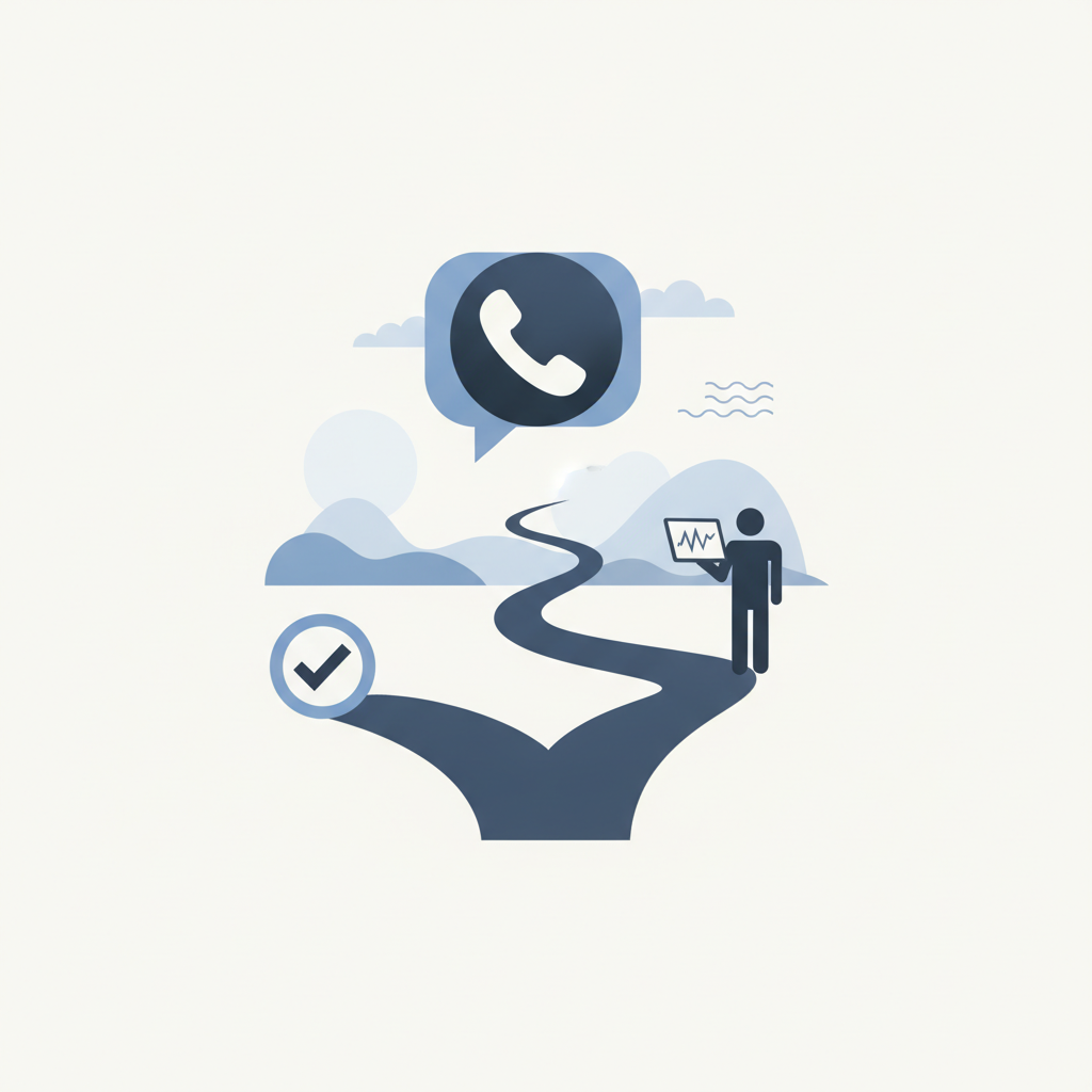 A single phone call icon splitting into two paths at a fork in the road, one path leading to a checkmark and the other leading to a small