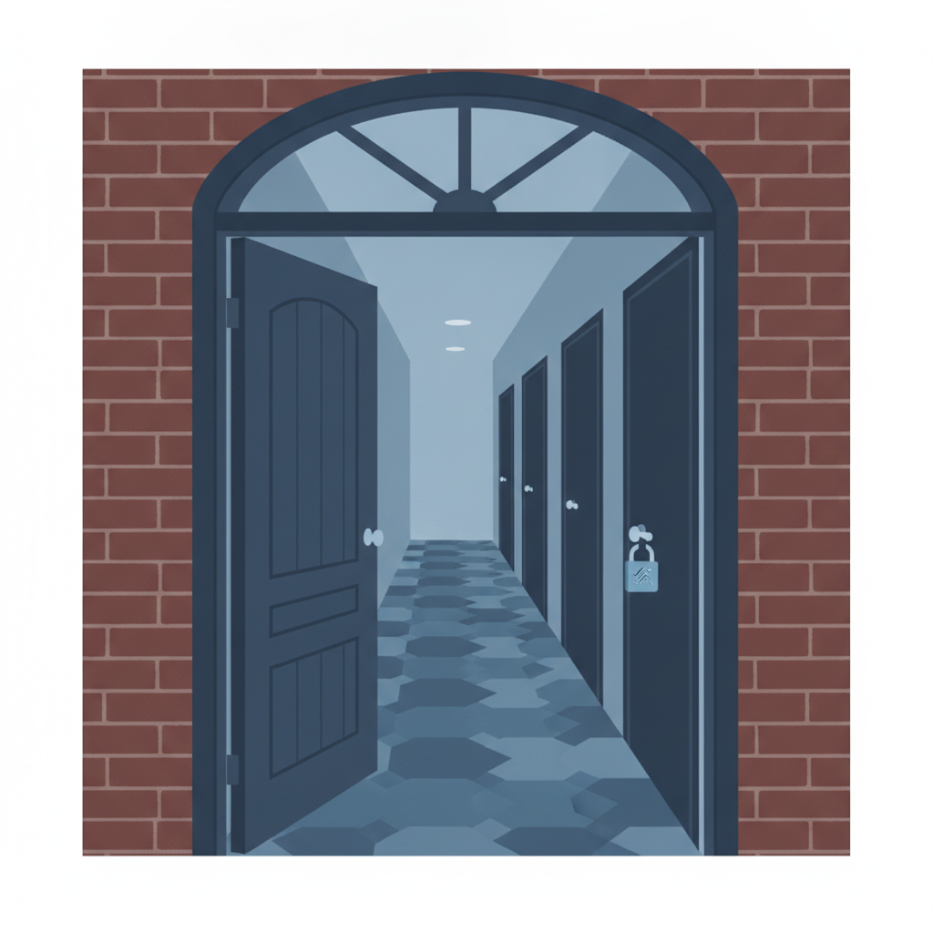 A small four-unit apartment building with its shared front entry propped open and a single lockbox visible on one upstairs unit's door down