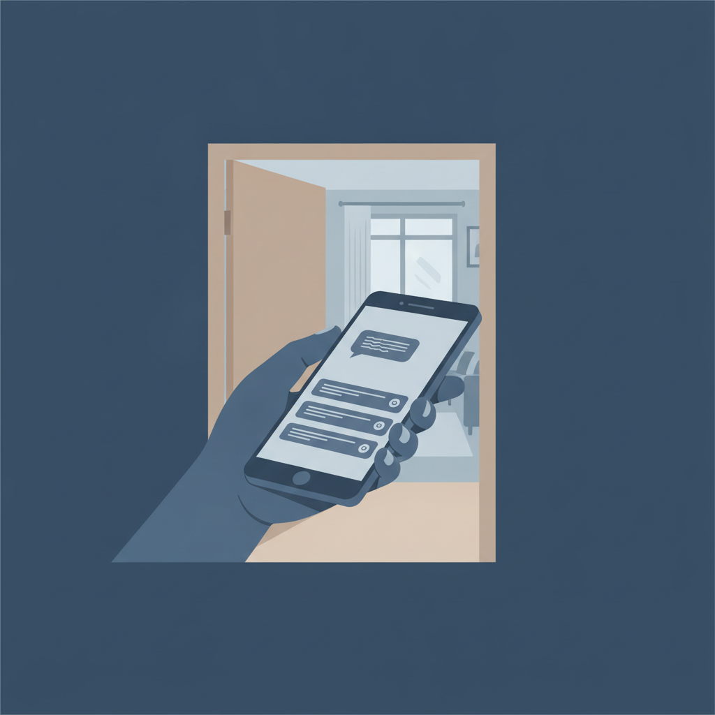A smartphone screen showing a single short text message question sent right after a self-showing ends, with the front door blurred in the
