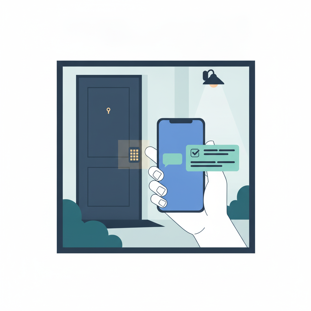 A phone at 9:40pm showing a new rental inquiry, beside a front door where a keypad lockbox glows in the dark.