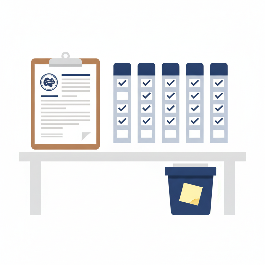 A printed screening criteria sheet on a clipboard, with a stamped date at the top and identical checkmarks down five applicant columns.