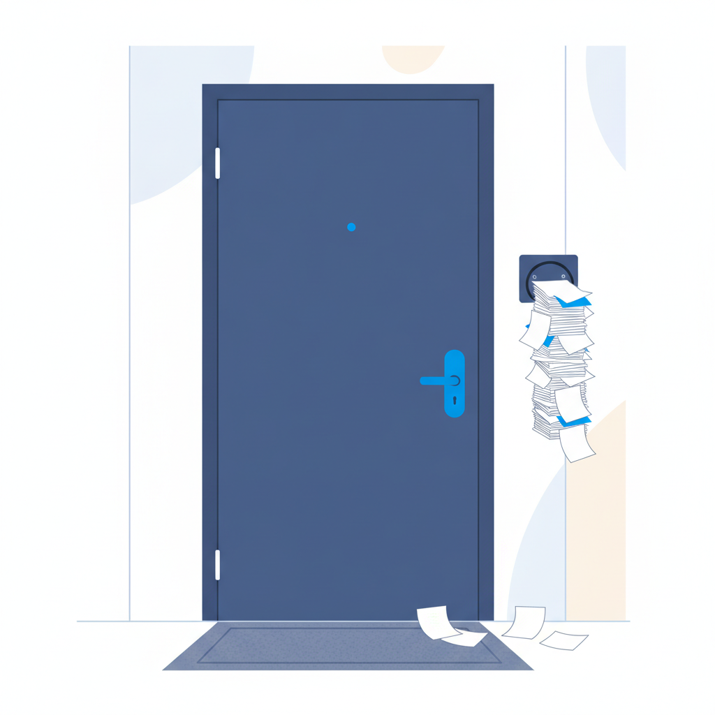 Three identical rental front doors side by side, each with a spindle beside it holding a different-sized stack of paper inquiry slips