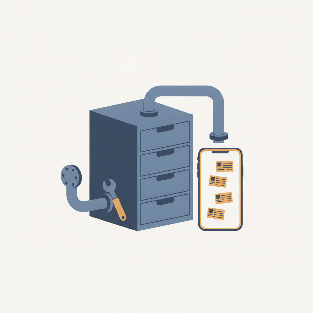 A single one-way pipe carrying listing cards out of a filing cabinet into a phone, while a second pipe pointing back toward the cabinet is