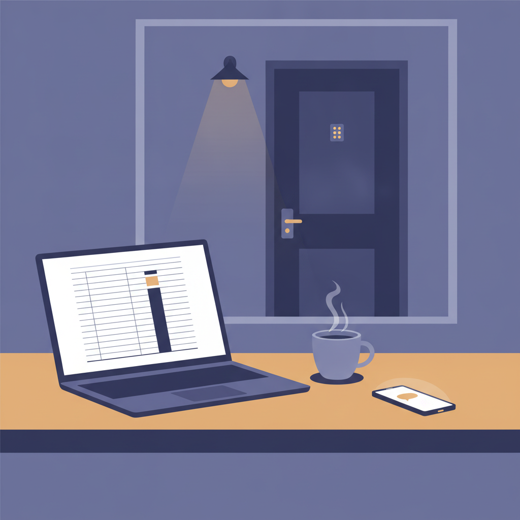 A property manager's desk at night: a laptop showing neat ledger rows beside a phone lighting up with a new message, and a lit porch door