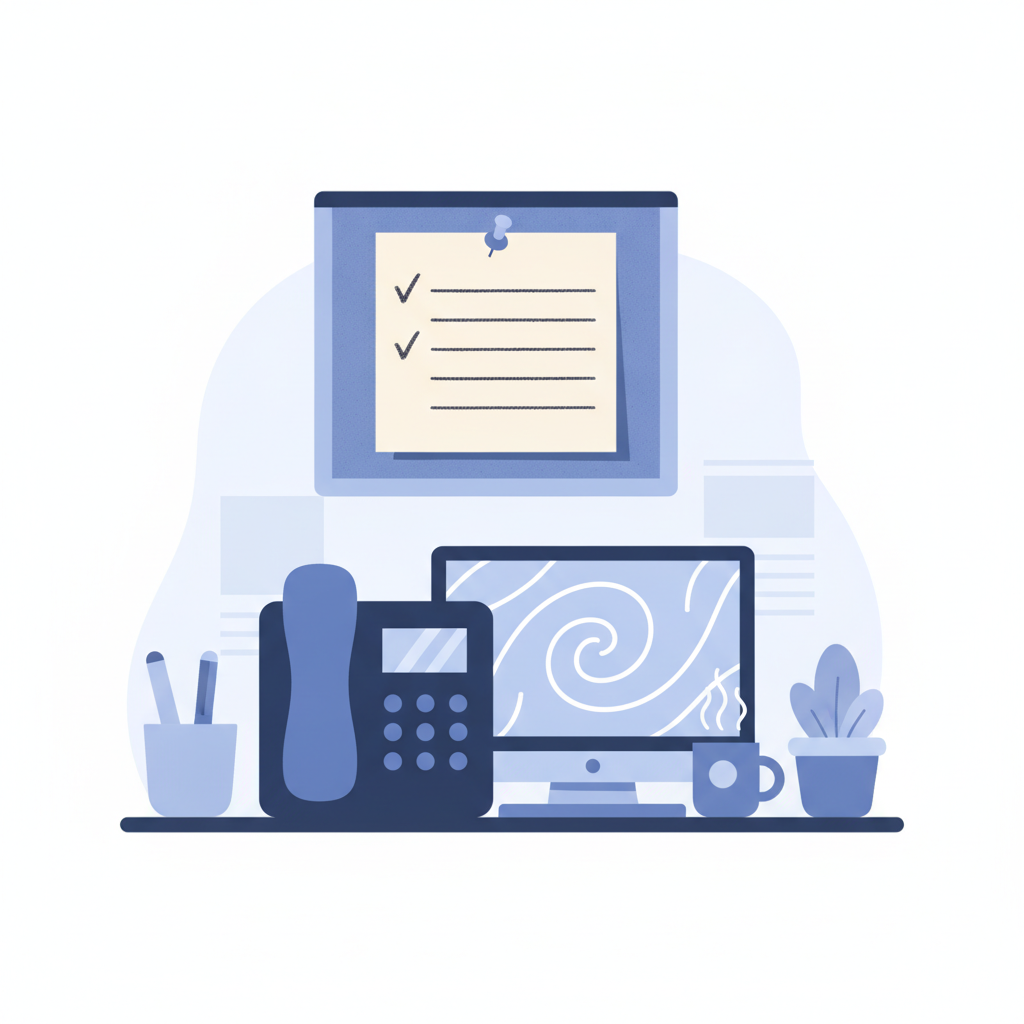 A single index card pinned above a desk phone, listing five short handwritten headers, with a checkmark drawn next to only two of them.