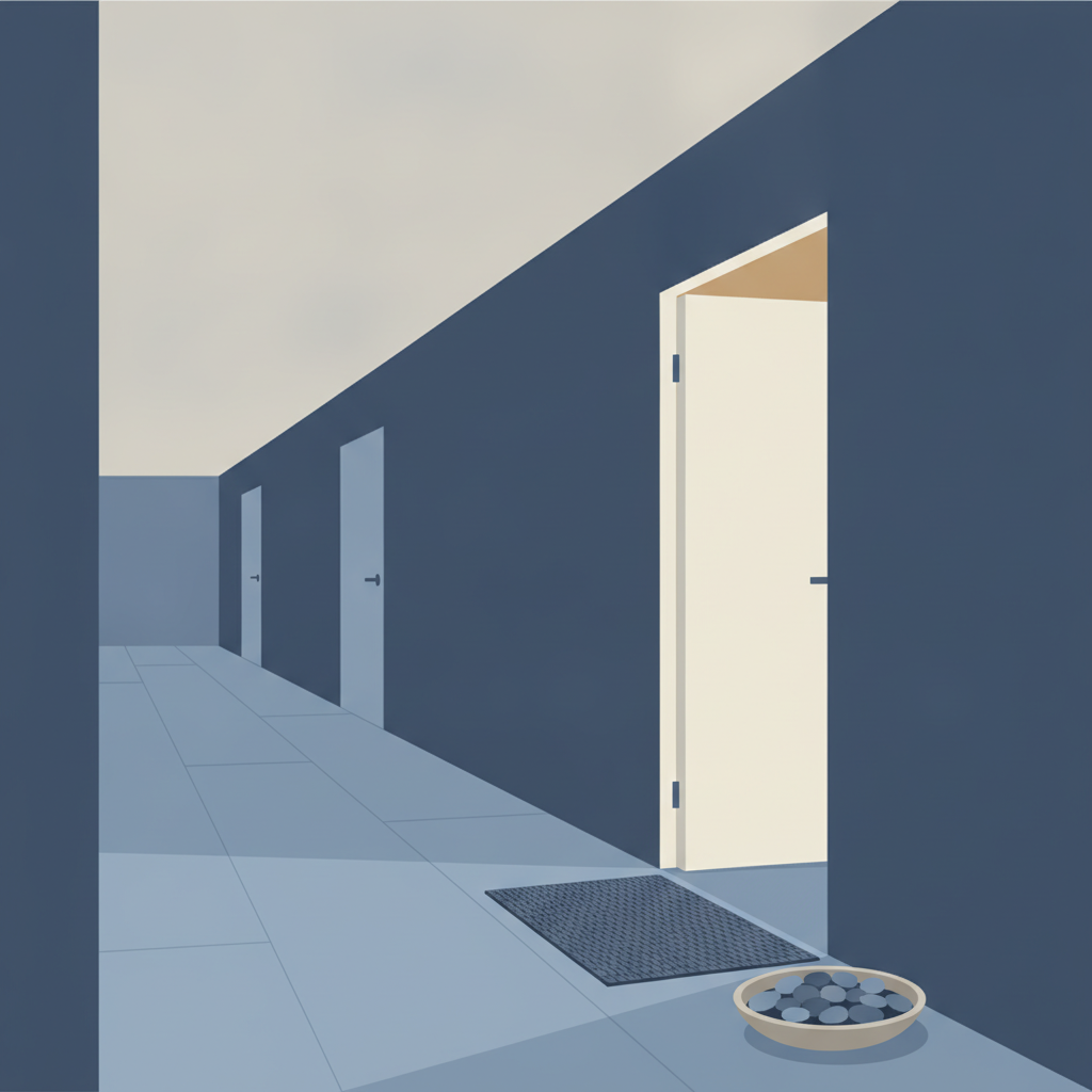 An apartment corridor with the nearest door ajar, a doormat and a dish of pebbles beside the threshold