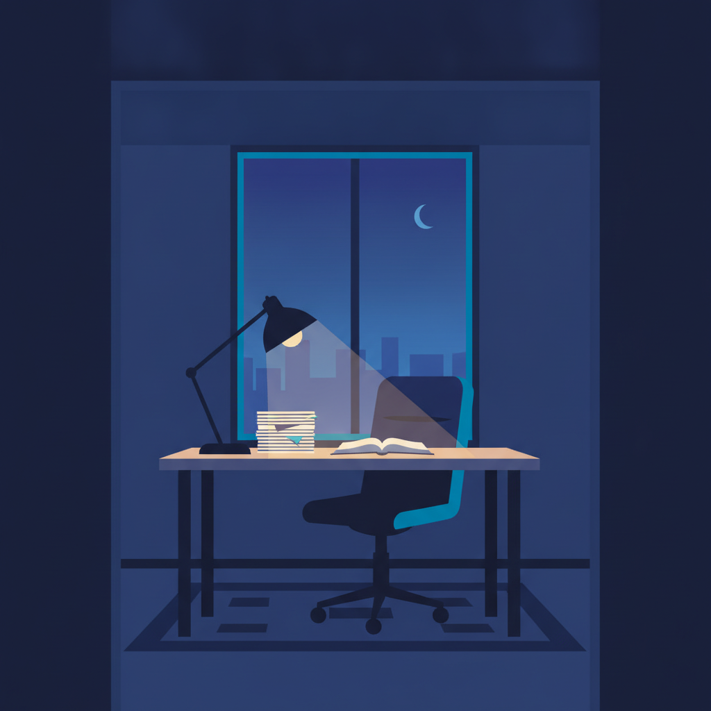 A leasing office after hours, lit by a single desk lamp over an empty desk