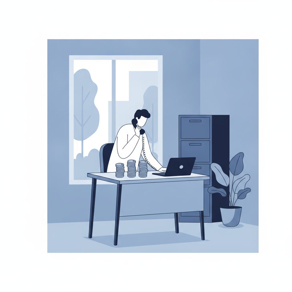 A leasing manager holds a desk phone while looking at three stacks of house keys of increasing height.