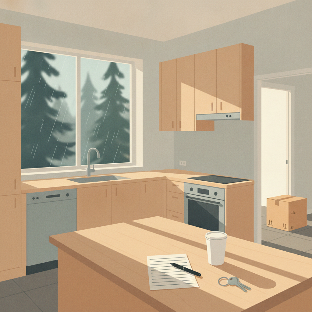 A BC rental application on a kitchen table beside a set of keys and a coffee cup in an empty apartment.