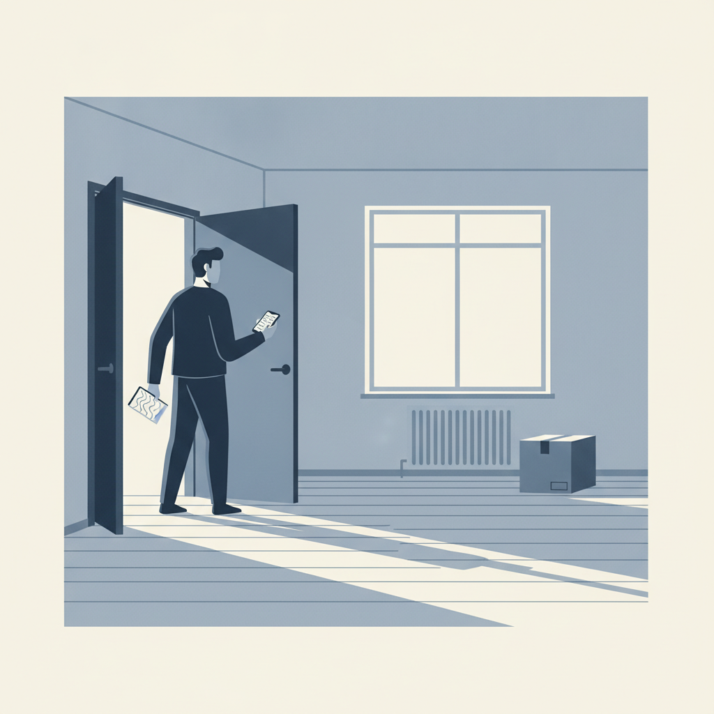 A renter stands in the doorway of an empty apartment living room, looking back toward the open front door.