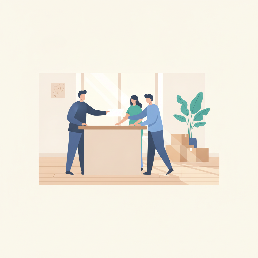 A leasing manager passes a blank rental application sheet to a couple in a sunlit Ontario apartment kitchen.