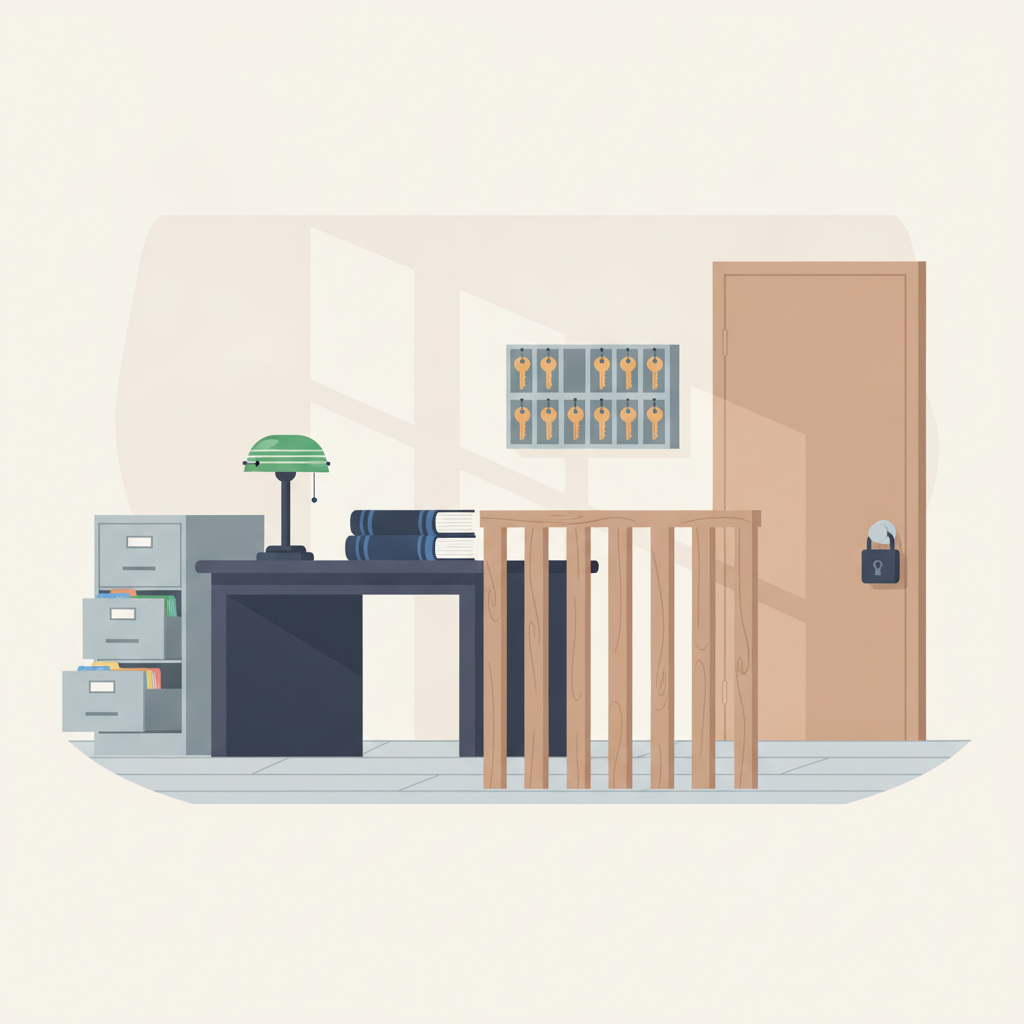 A small property management office with stacked ledger books and a filing cabinet on one side, an open key cabinet by the door.