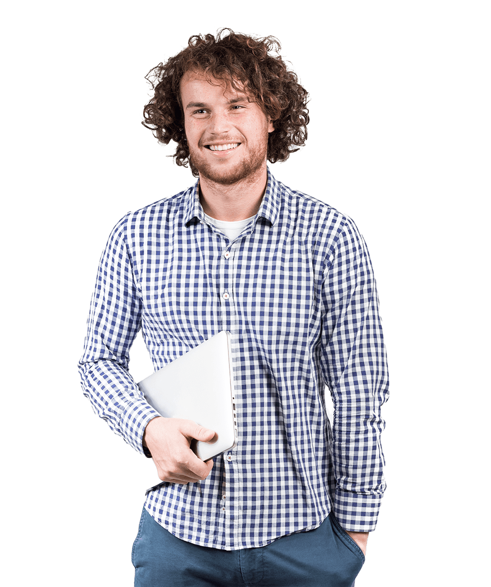 A confident man holding a laptop