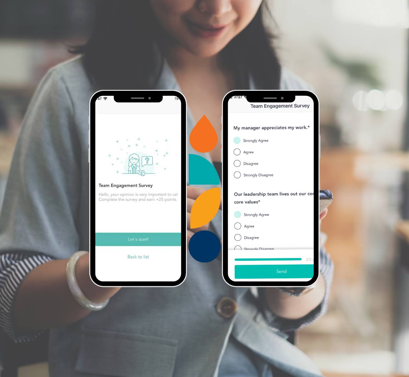 woman looking down at her phone, screenshots of cooleaf's pulse survey feature on two mobile devices overlay the image