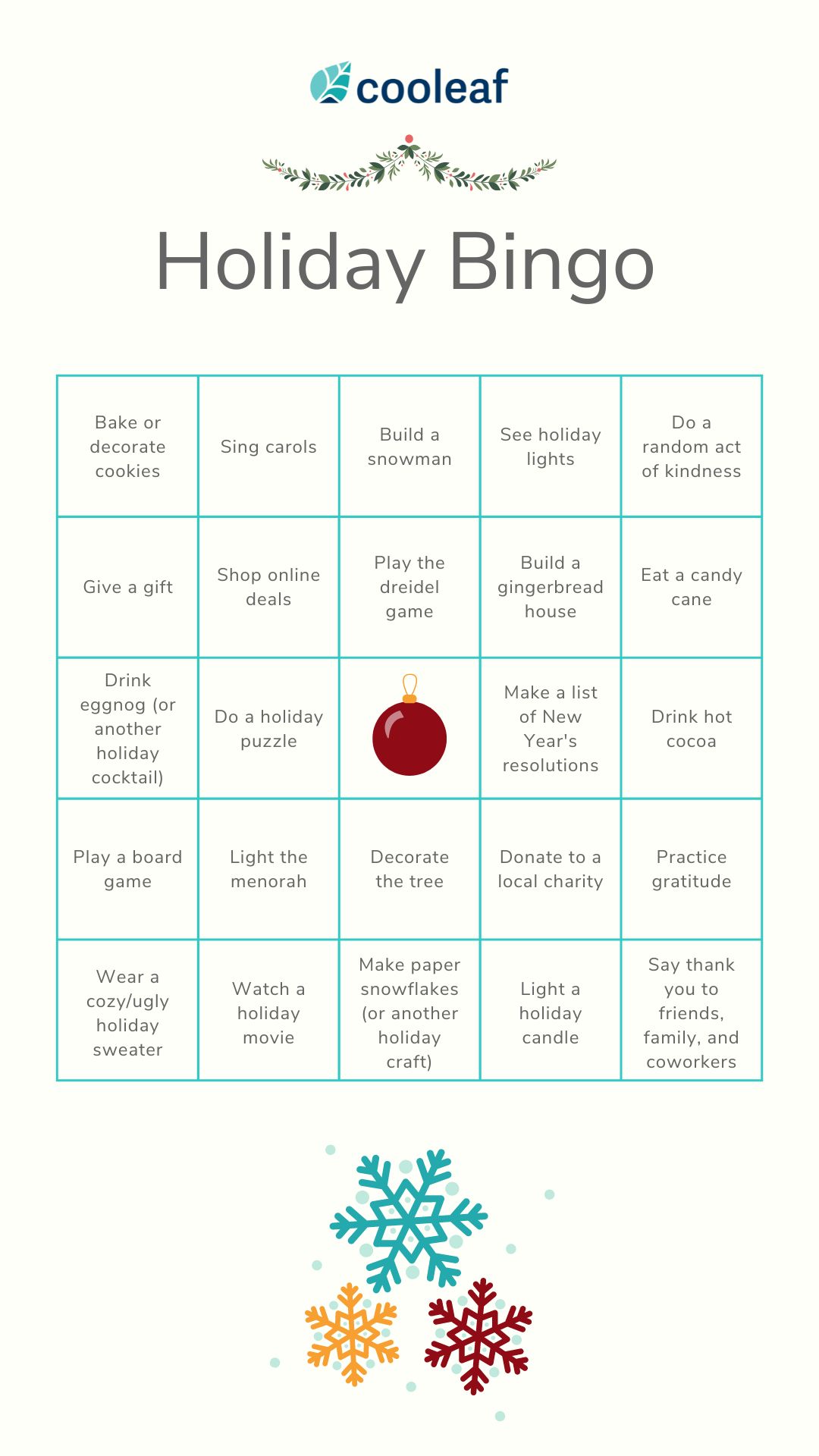 Holiday bingo card for virtual holiday party 2022