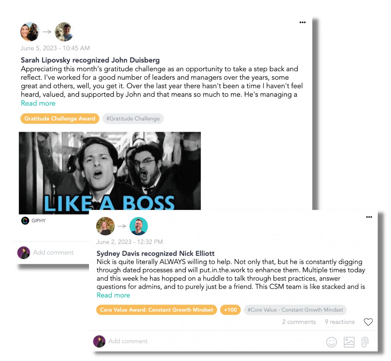 screenshot of team recognition on cooleaf