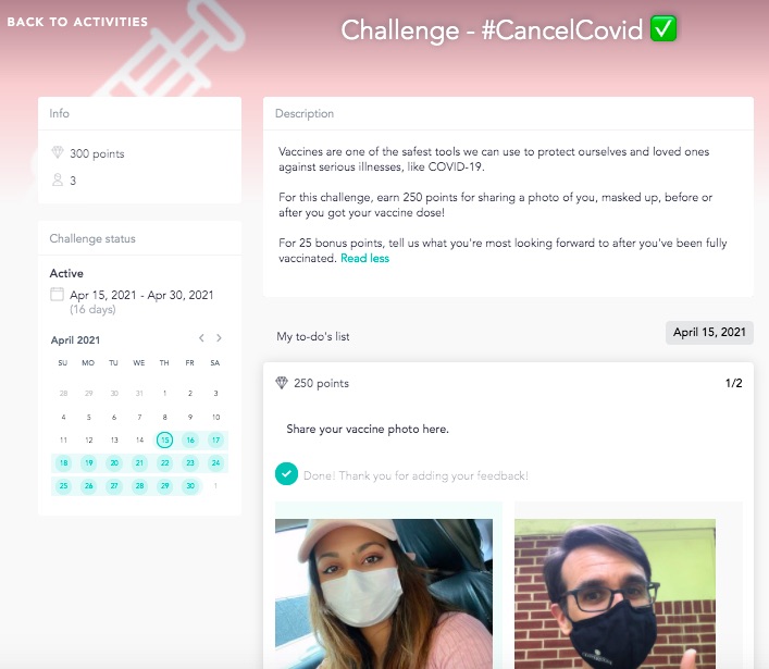 Creative challenge to incentivize workers to get the COVID-19 vaccine