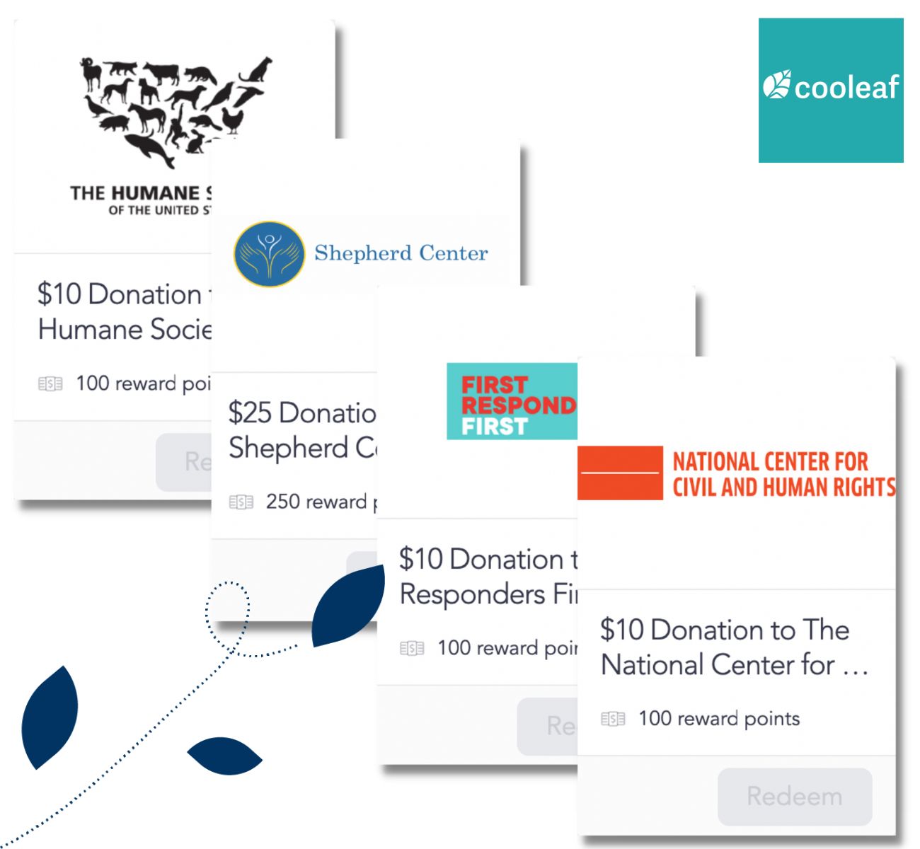 screenshot of different charitable donation options in Cooleaf platform