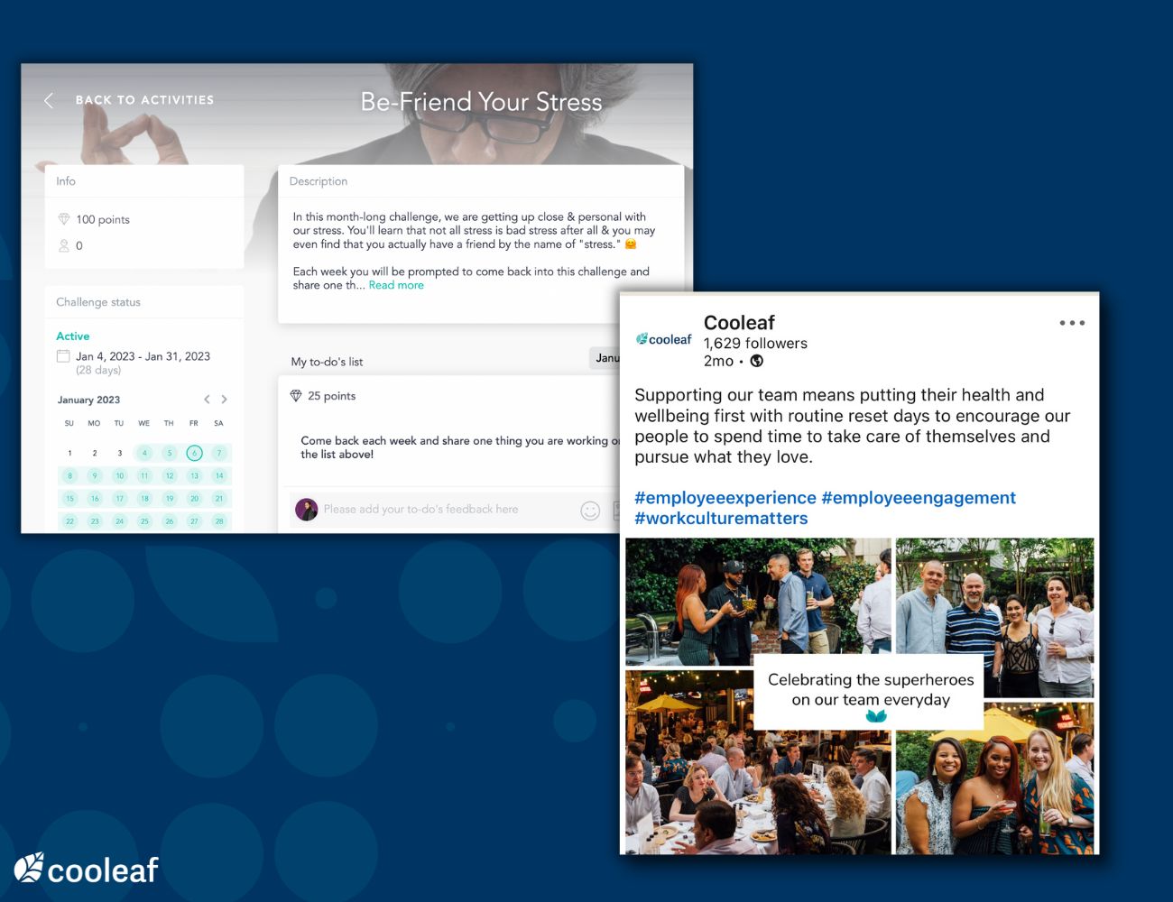 screenshots of wellness challenges from the Cooleaf platform on a dark blue backgrounds