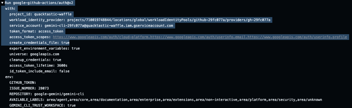Workload Identity Federation auth step configuration in the CI runner logs