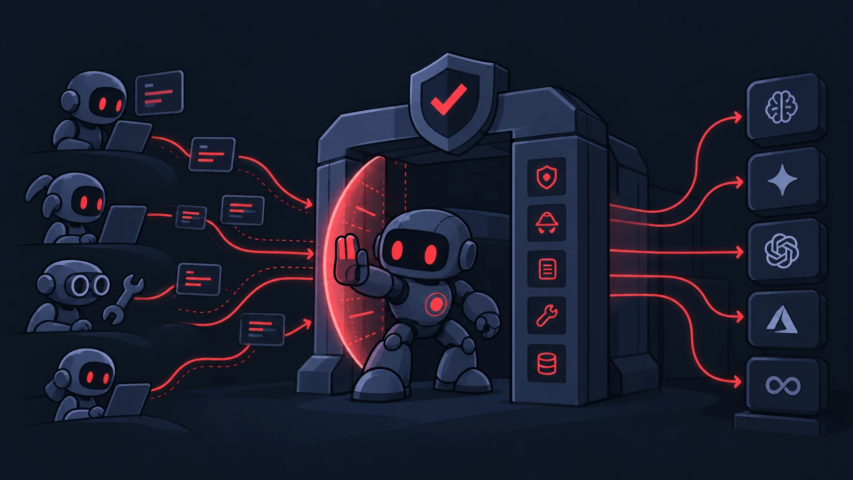 Illustration of AI agents sending requests through a guarded AI gateway, where a guardrail robot blocks a malicious prompt before traffic reaches the model providers.