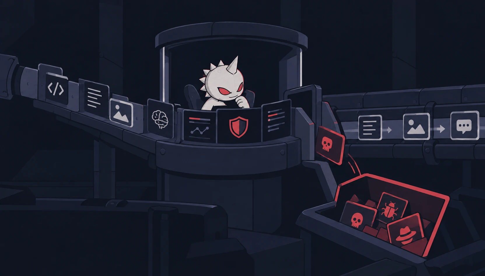 Illustration of an AI security guard inspecting files, code and model traffic on a conveyor belt, blocking malicious items into a bin while safe documents, images and messages continue