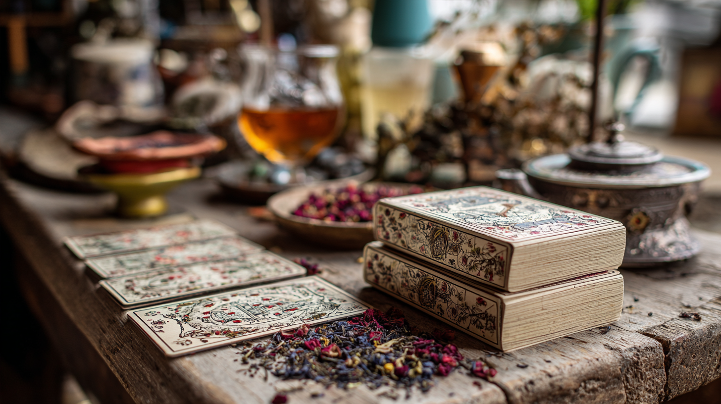 tarot cards laid out on an old wooden table with spices and tea leaves strewn around. boxes of cards also visible.